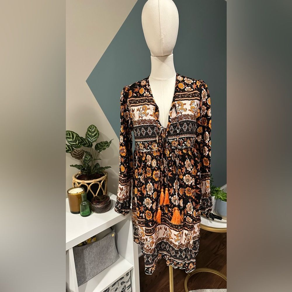 Vivimos Womens Long Sleeve Floral Fall Print Cotton Mini Tunic Dress XL